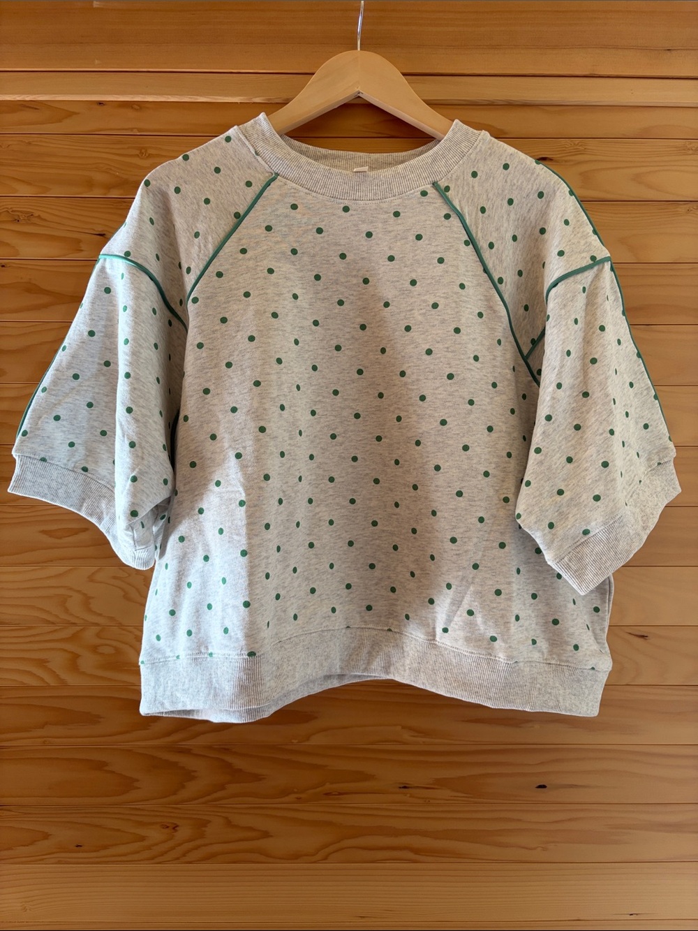 Peach Love California Cream Short-Sleeve Crewneck Sweater with Green Polka Dots